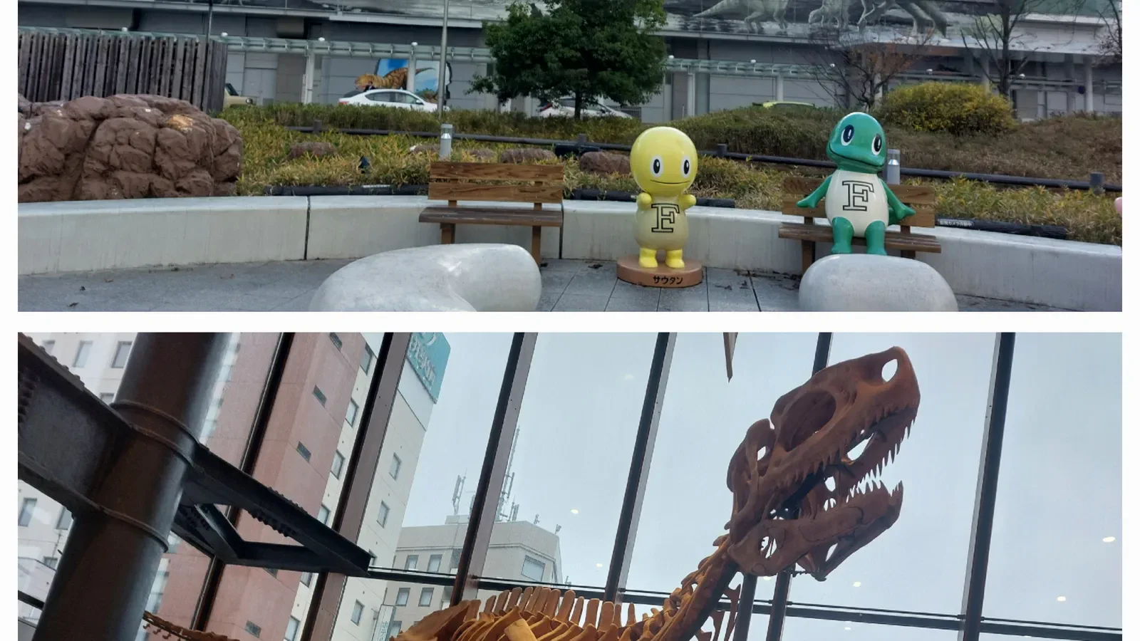 후쿠이역 공룡 이미지는 가족 공룡 노선이 가나자와·도야마 산악 노선과 다른 여행임을 보여 준다