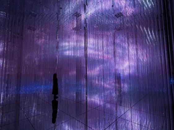teamLab Biovortex Kyoto Infinite Crystal World 파란빛과 보랏빛 점광원이 거울 속으로 이어지는 공간